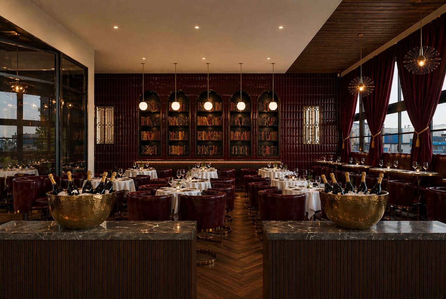 The Dining Room at Hide & Seek &mdash; oxblood tile, brass pendants, leather banquettes