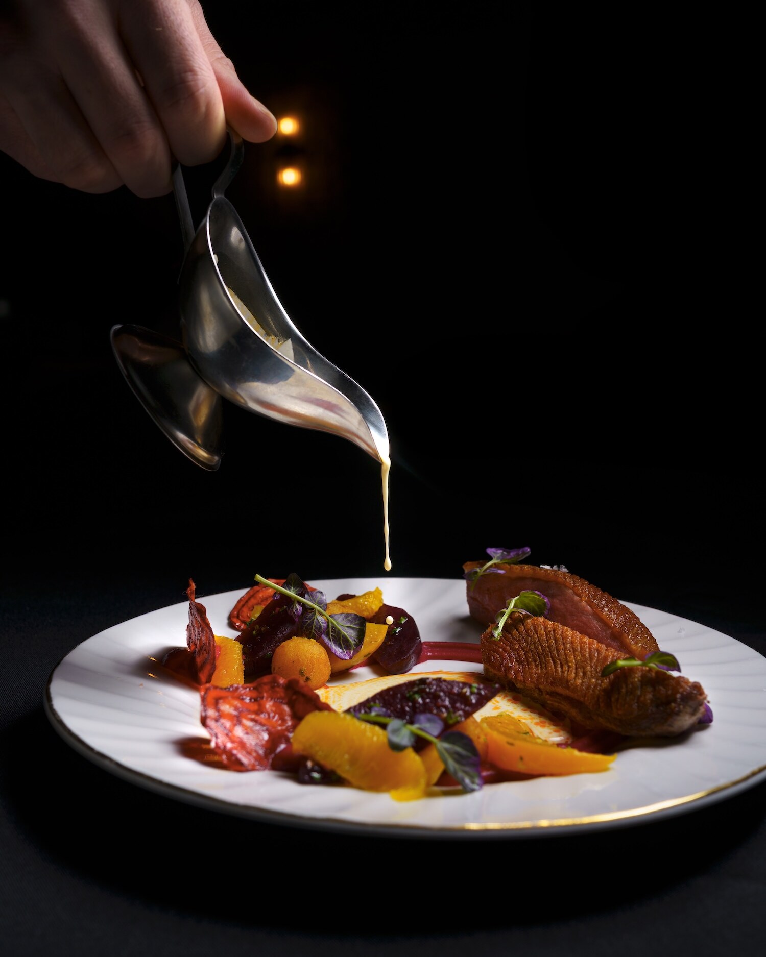 Carina duck breast at Hide & Seek — beetroot, potato spheres, roasted beets, mandarin orange, truffle chili oil cream.