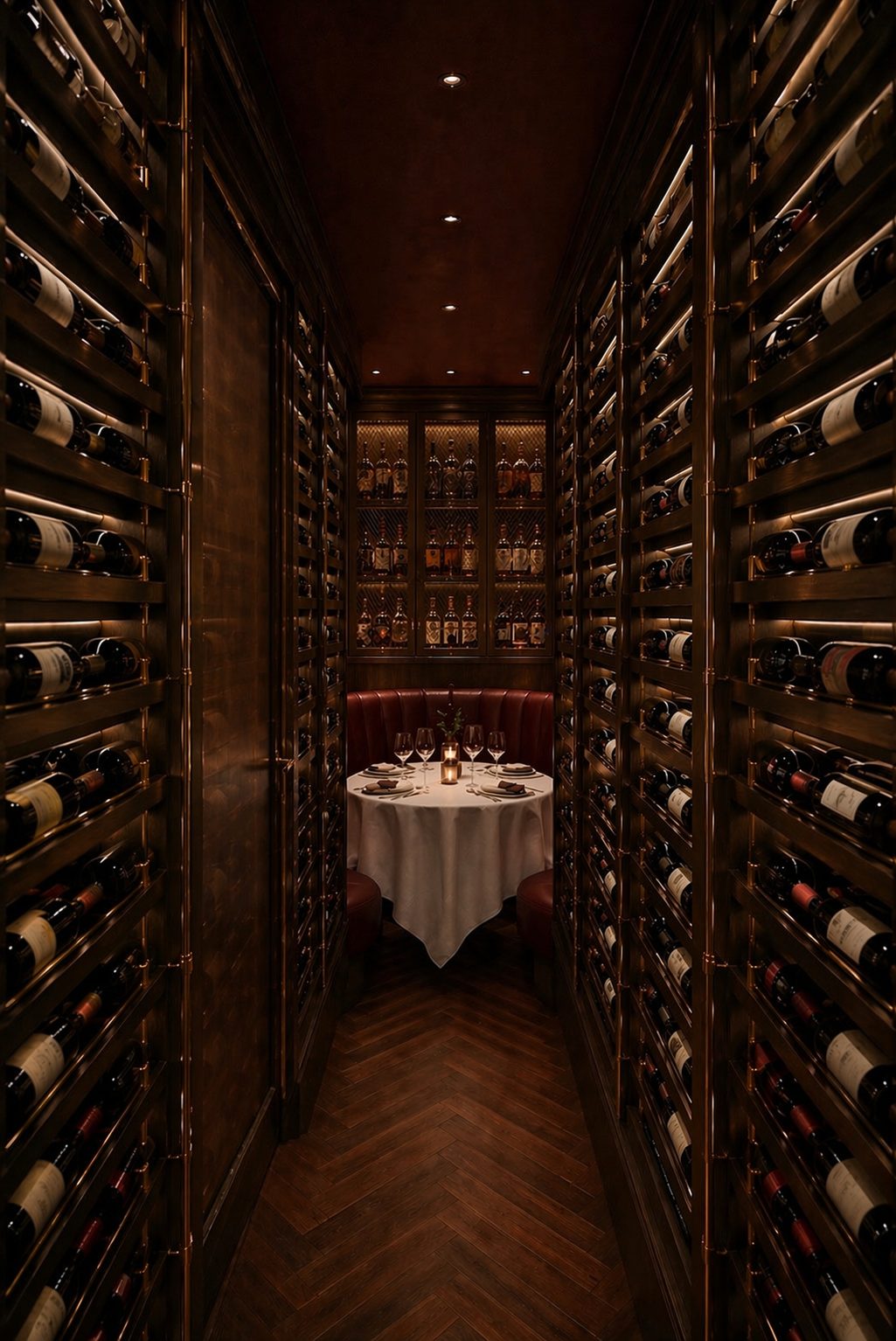 The Wine Vault at Hide & Seek &mdash; brass-railed wine cellar with private table for two